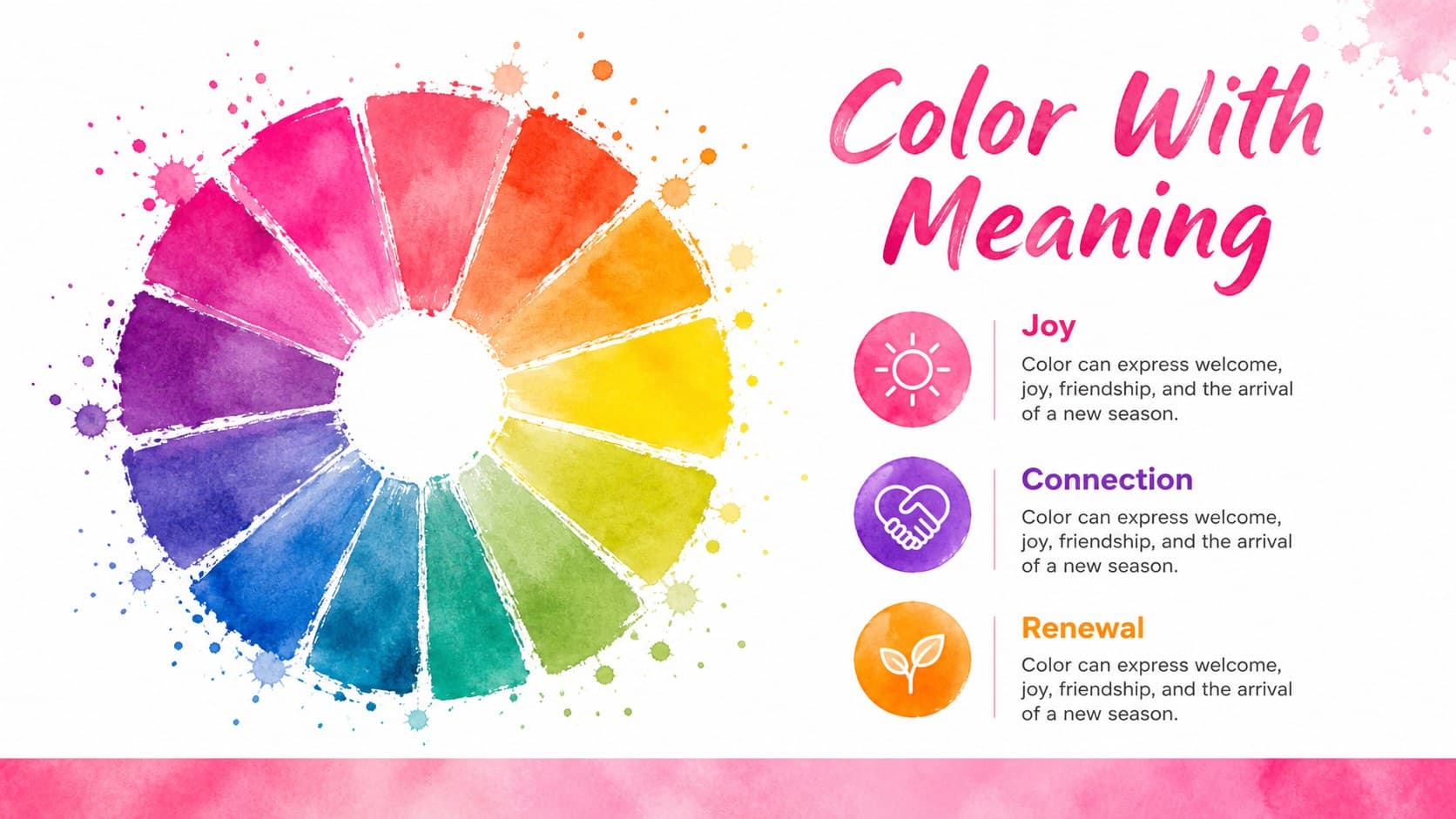 Holi traditions presentation slide showing color symbolism in a pink watercolor comparison layout.