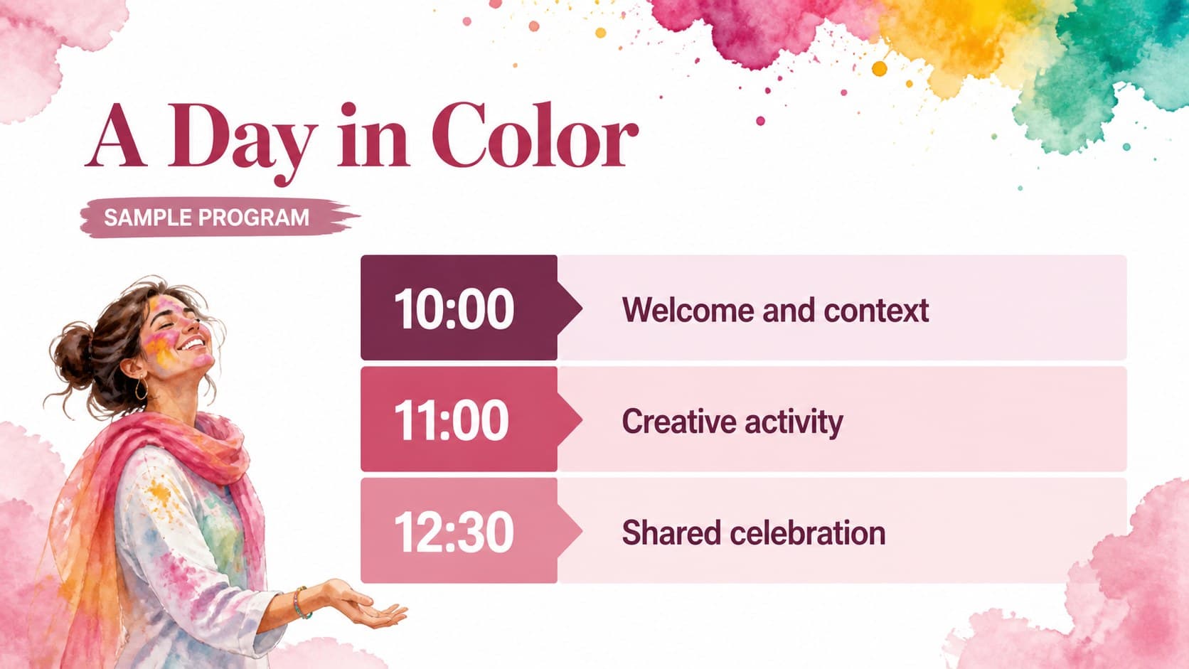 Holi event planning slideshow with a festival day schedule presented in colorful pink watercolor blocks.
