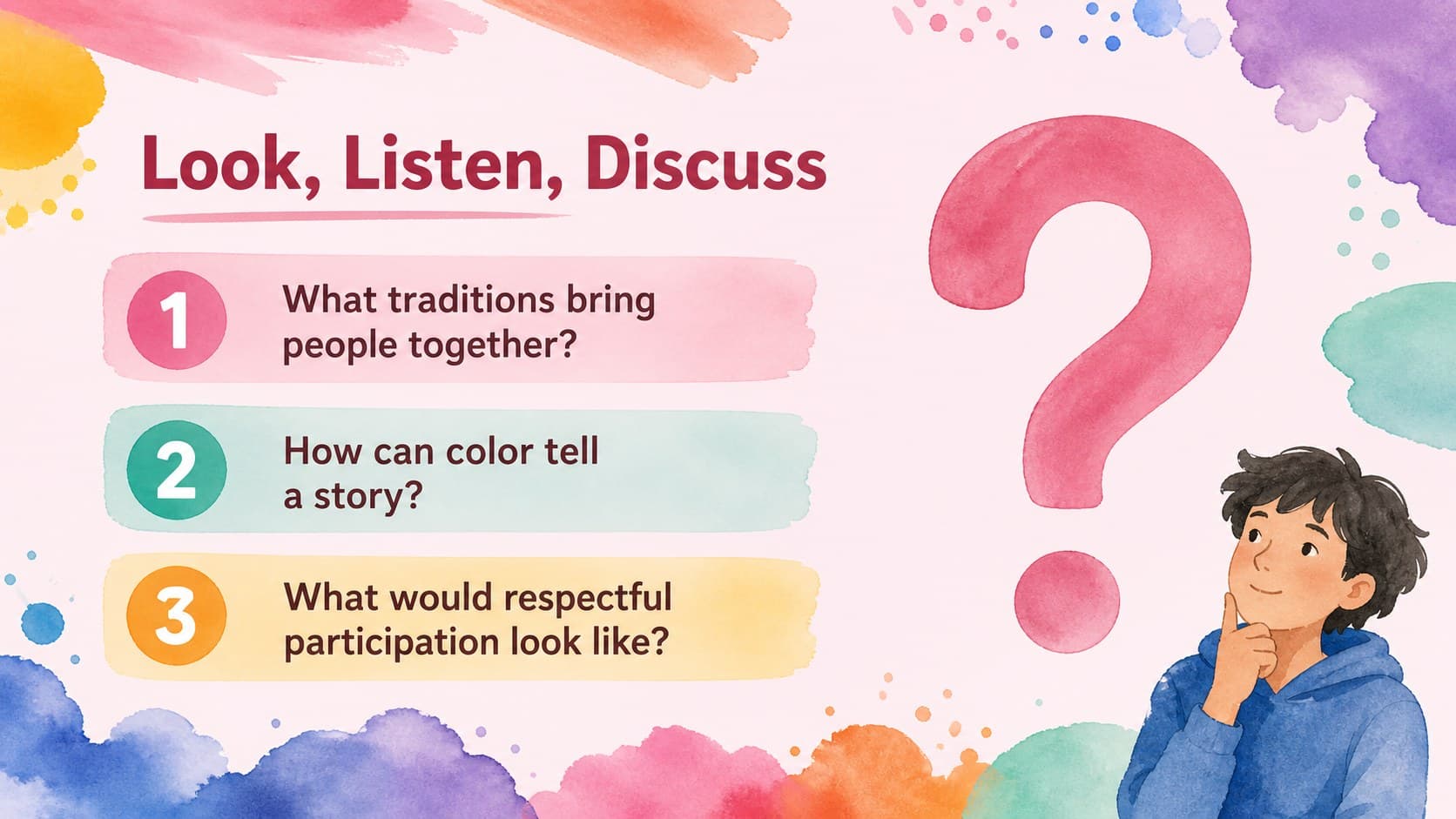 Holi classroom presentation activity slide with discussion prompts and playful watercolor shapes in a pink palette.