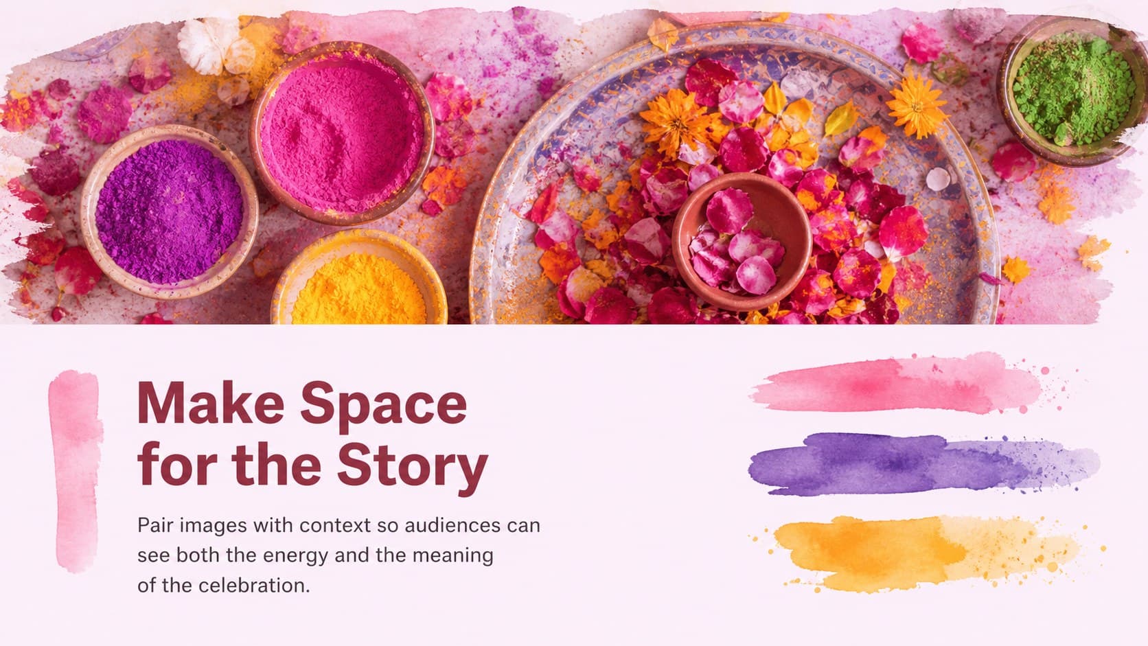 Holi cultural awareness slide featuring a photo-led storytelling layout with pink watercolor framing and concise captions.