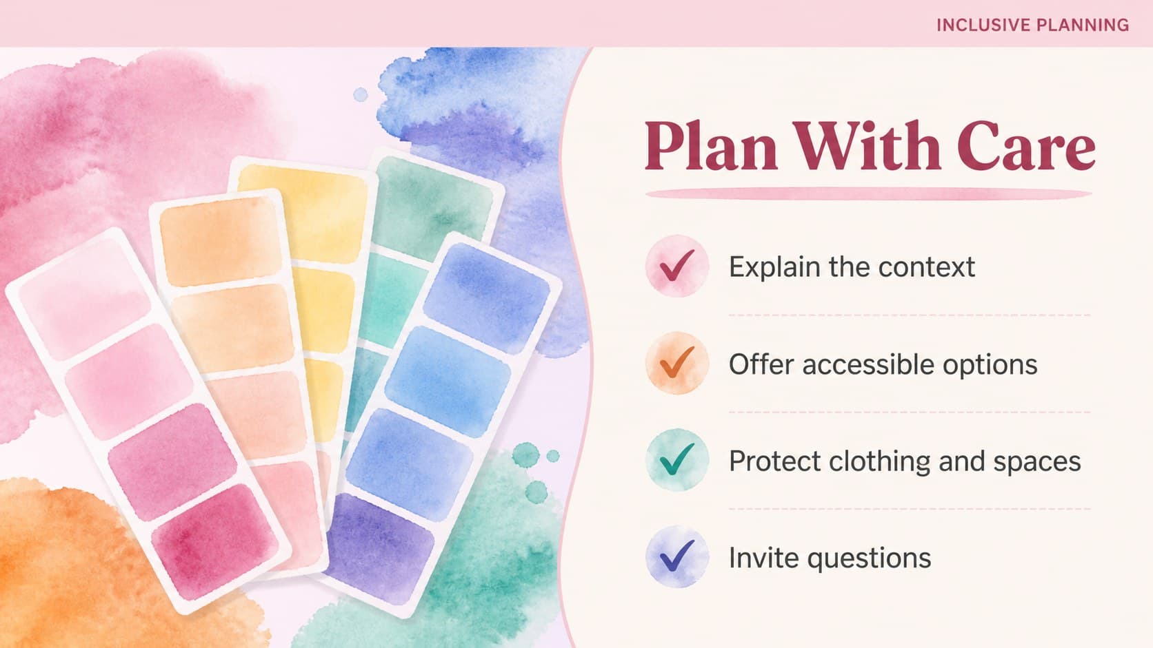 Holi event planning slide with an editable checklist for inclusive festival preparation in a soft pink watercolor style.