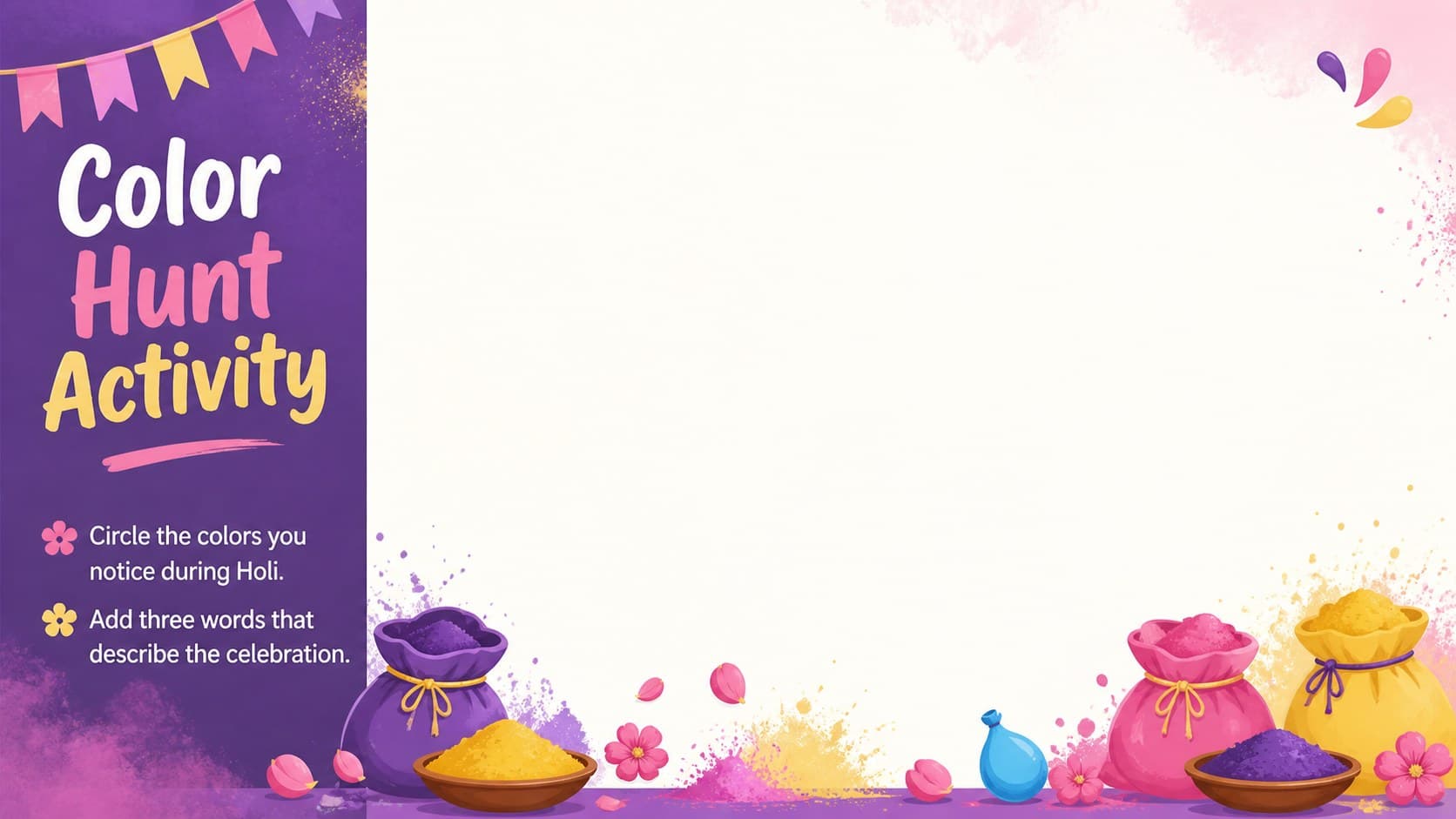 Editable Holi activity worksheet page with a purple frame, short classroom instructions, and colorful festival illustrations.