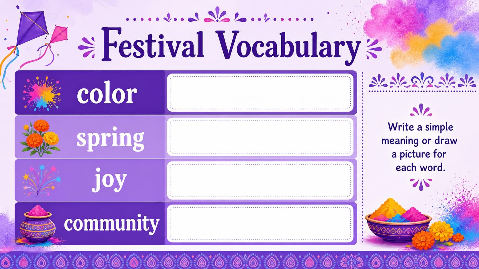 Holi vocabulary worksheet layout showing purple decorative borders, highlighted terms, and a readable student response area.