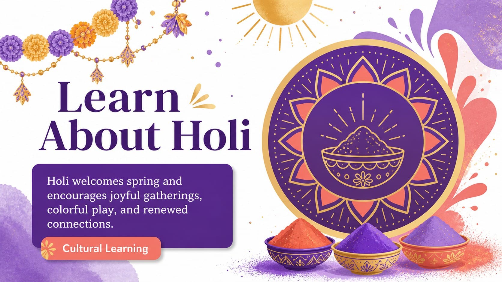 Cultural learning worksheet slide with a purple illustrated border, Holi facts, and a clean two-column information layout.