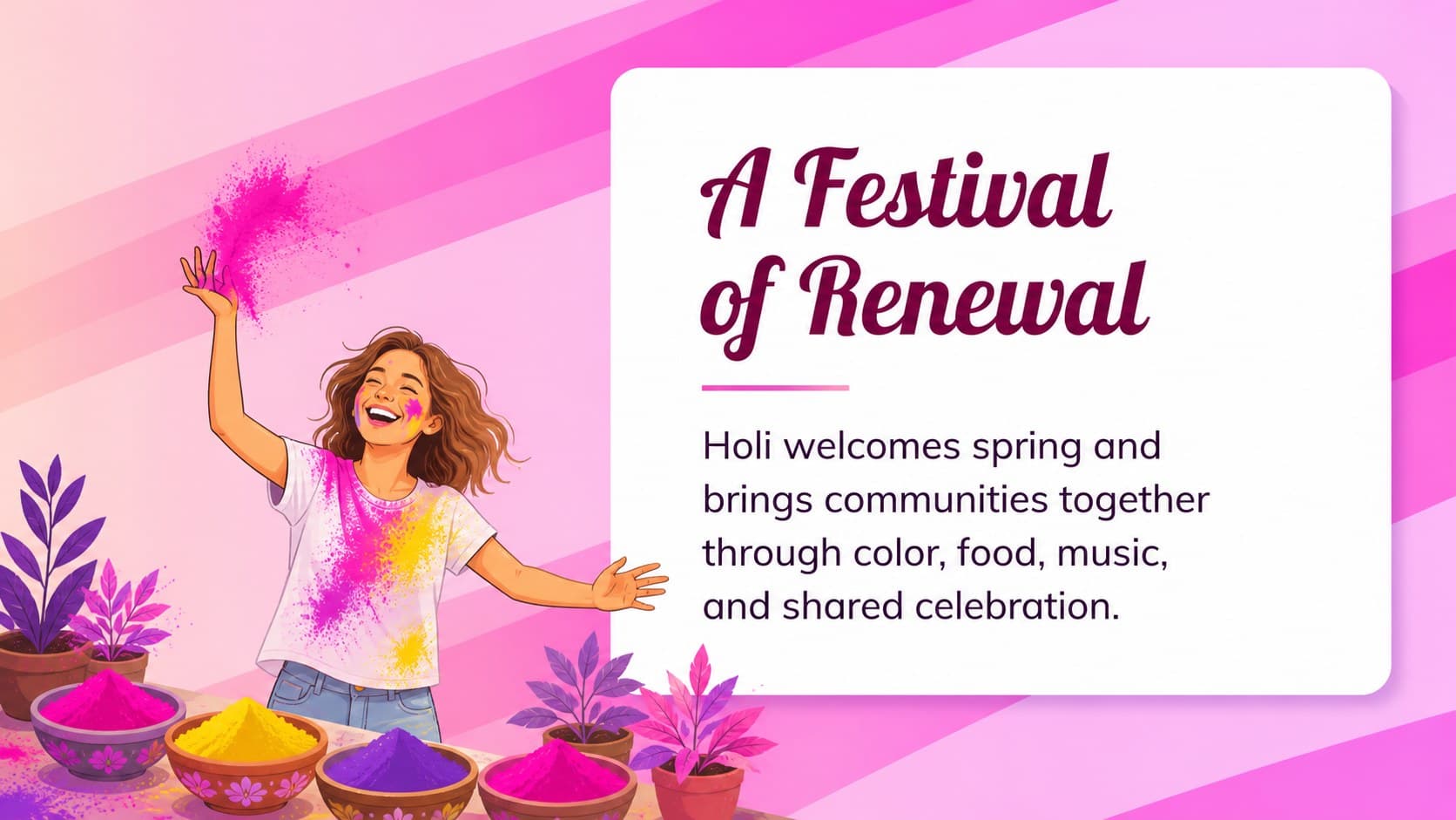 Cultural context slide explaining the Indian spring festival in bright illustrated colors.