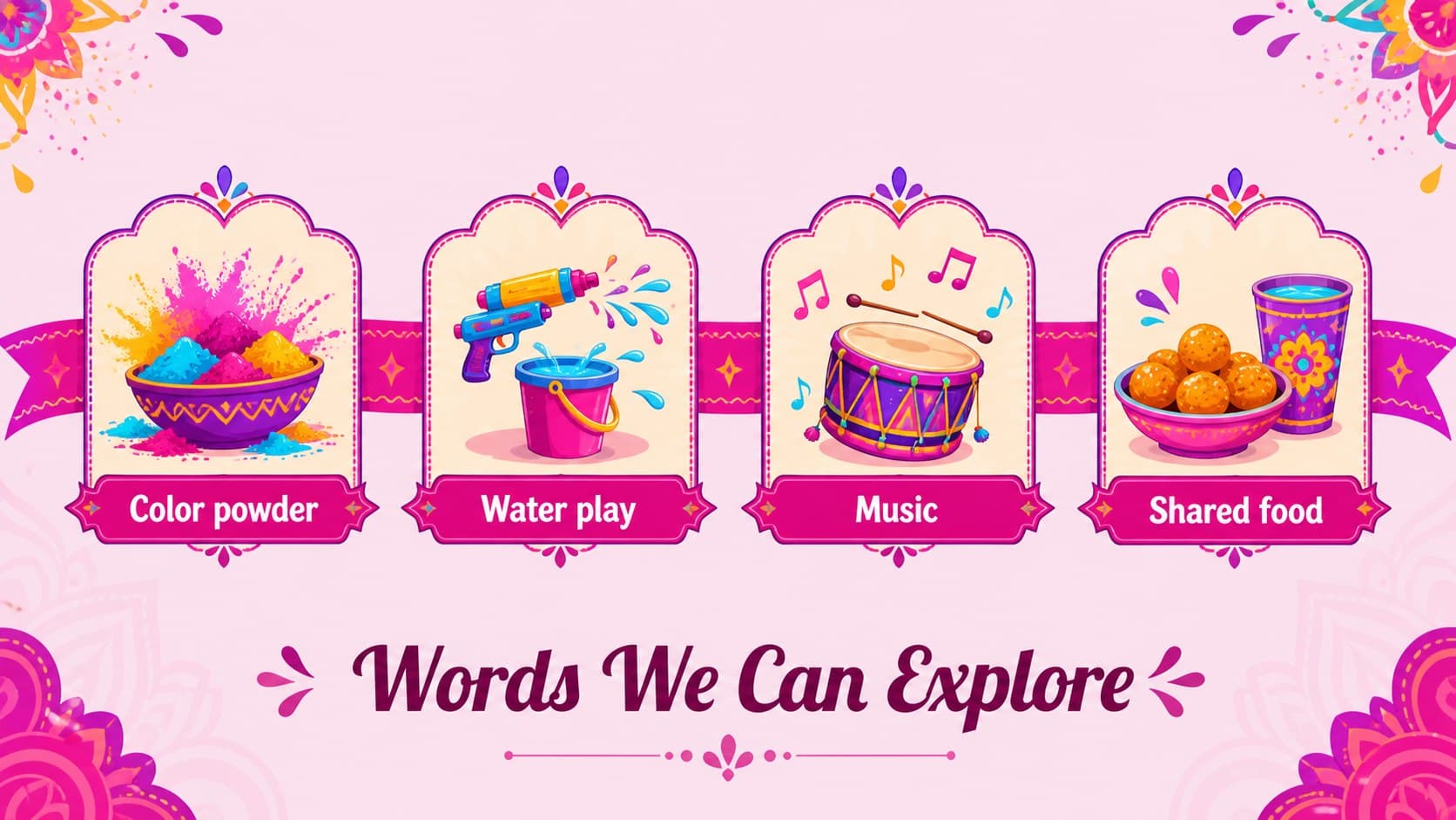 Holi traditions slide with illustrated color powder, water, music, and food vocabulary.