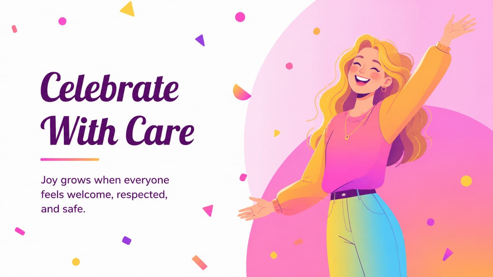 Holi celebration slide depicting a new original child character surrounded by bright pink decorative shapes.