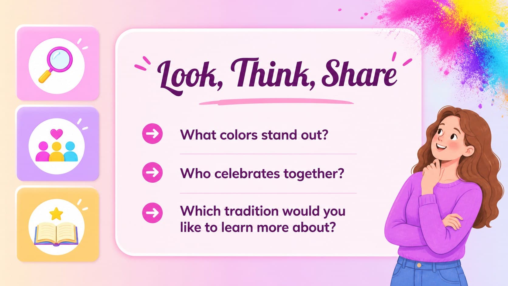 Holi classroom discussion slide with prompts about color, community, and tradition.