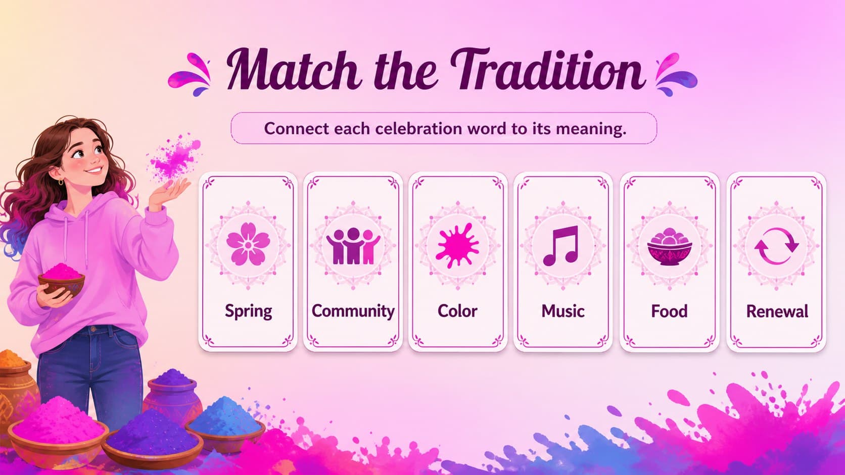 Holi festival activity slides layout with a colorful matching exercise for students.