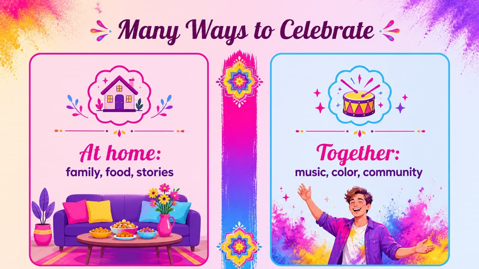 Colorful Holi school presentation slide comparing celebration details with editable visual labels.