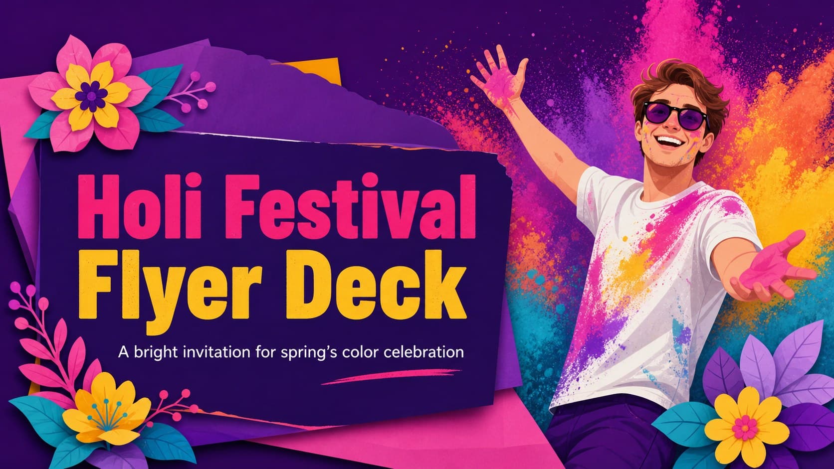 Holi Festival Flyer Deck cover with vivid purple artwork, colorful powder accents, and an inviting event subtitle.