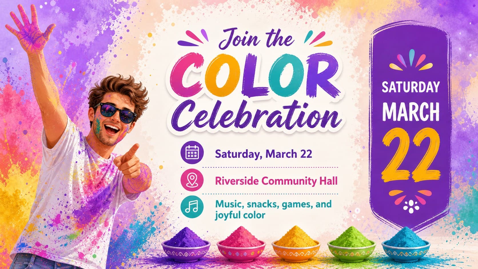 Holi event announcement slides layout showing editable date, venue, and invitation details in a bright illustrated style.