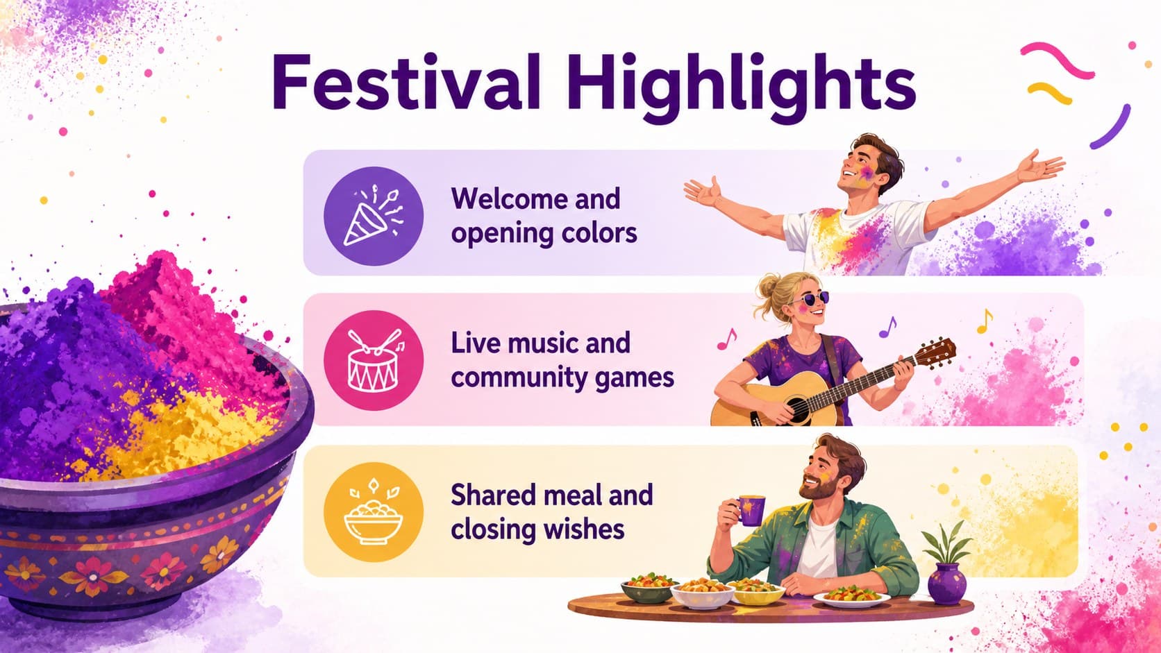 Editable Indian festival flyer slide with a colorful activity schedule, illustrated accents, and clear section headings.