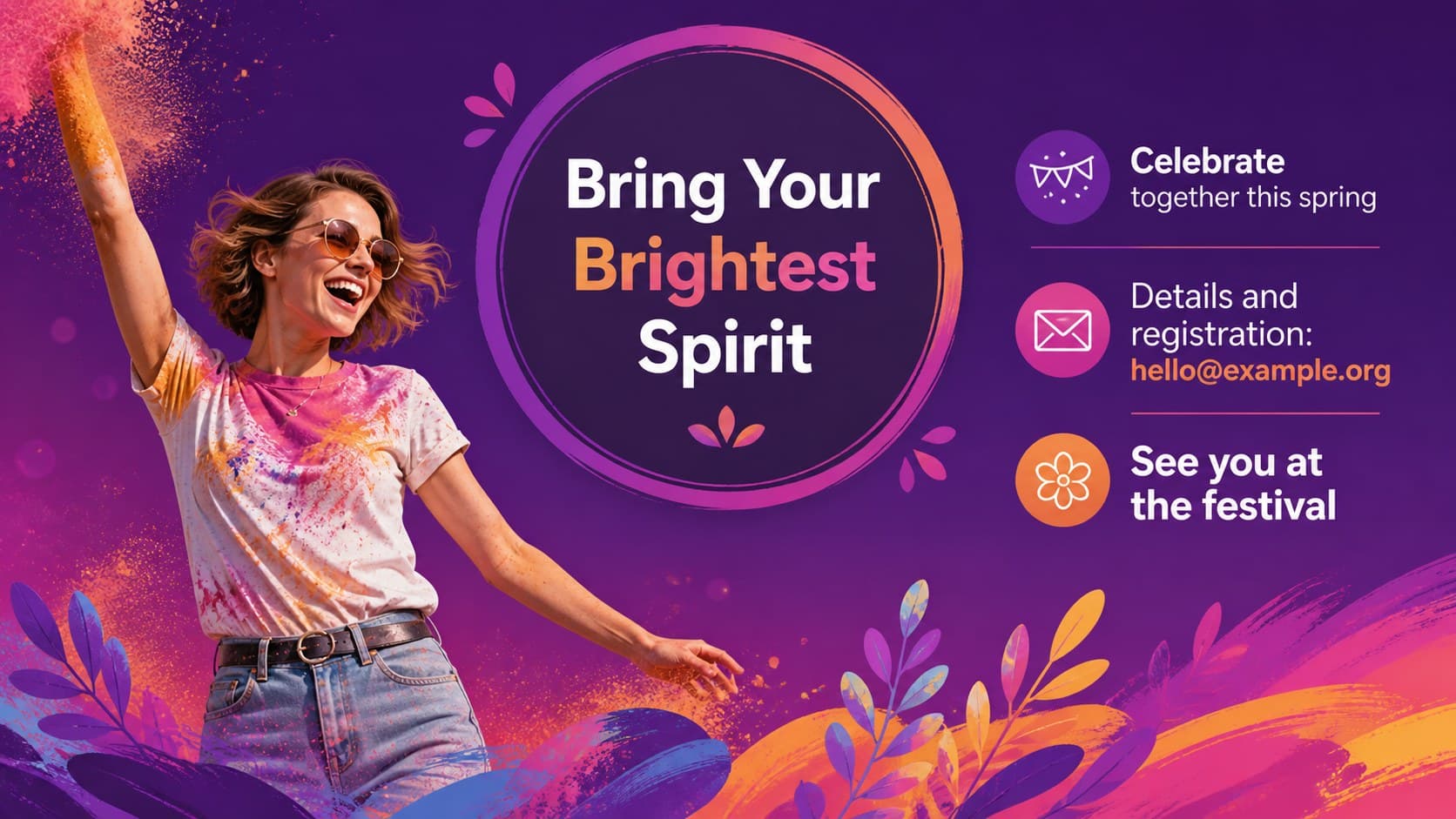 Holi community event presentation closing slide with a colorful invitation, contact prompt, and festive purple illustration.