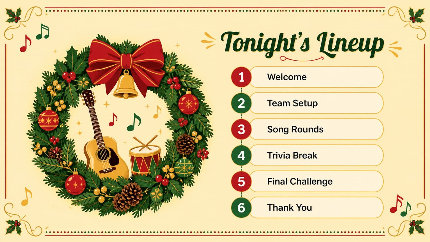 Holiday event agenda slide outlining the flow of a Christmas music game night.