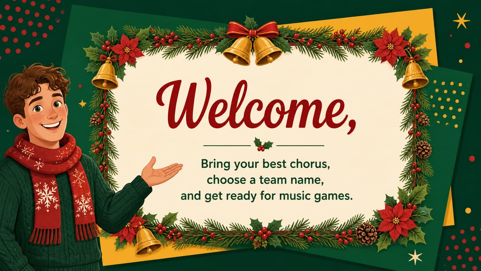 Welcome slide for a family Christmas sing-along games session with festive illustrated accents.