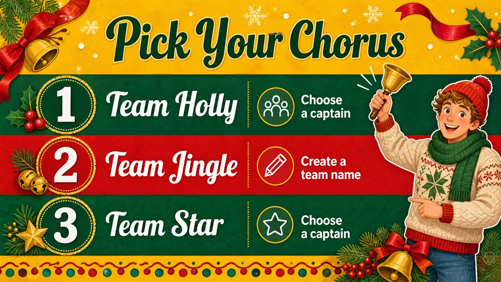 Team formation slide organizing guests for an illustrated holiday music party presentation.