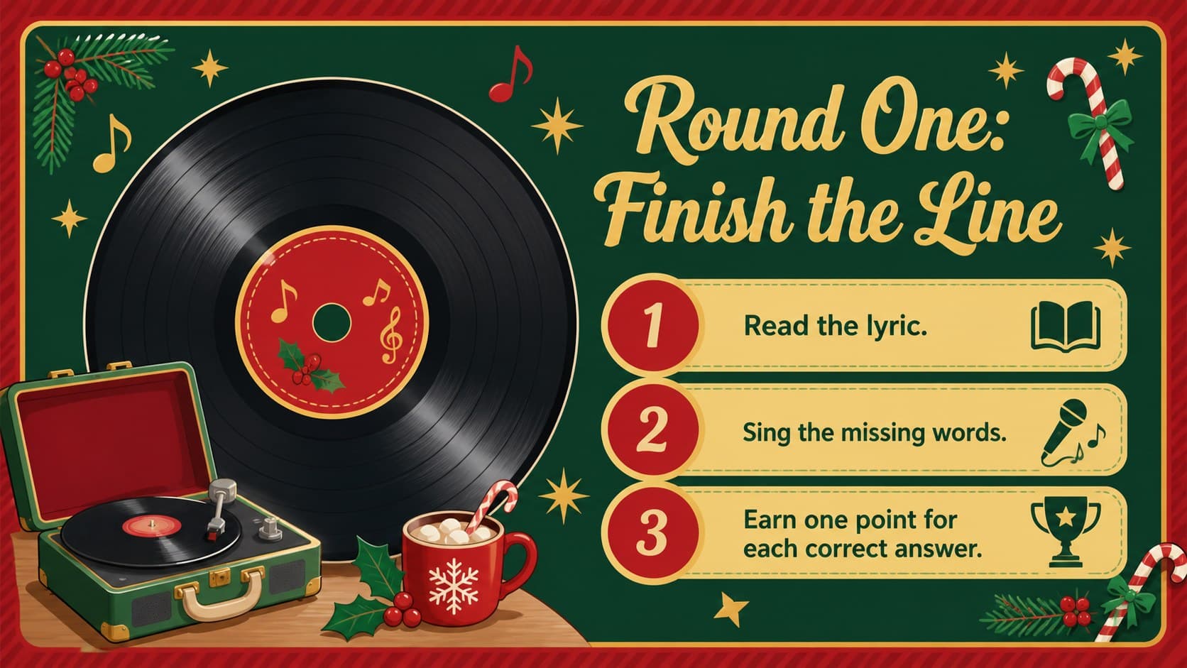 Song round instruction slide for a printable holiday music game with lyric and melody prompts.