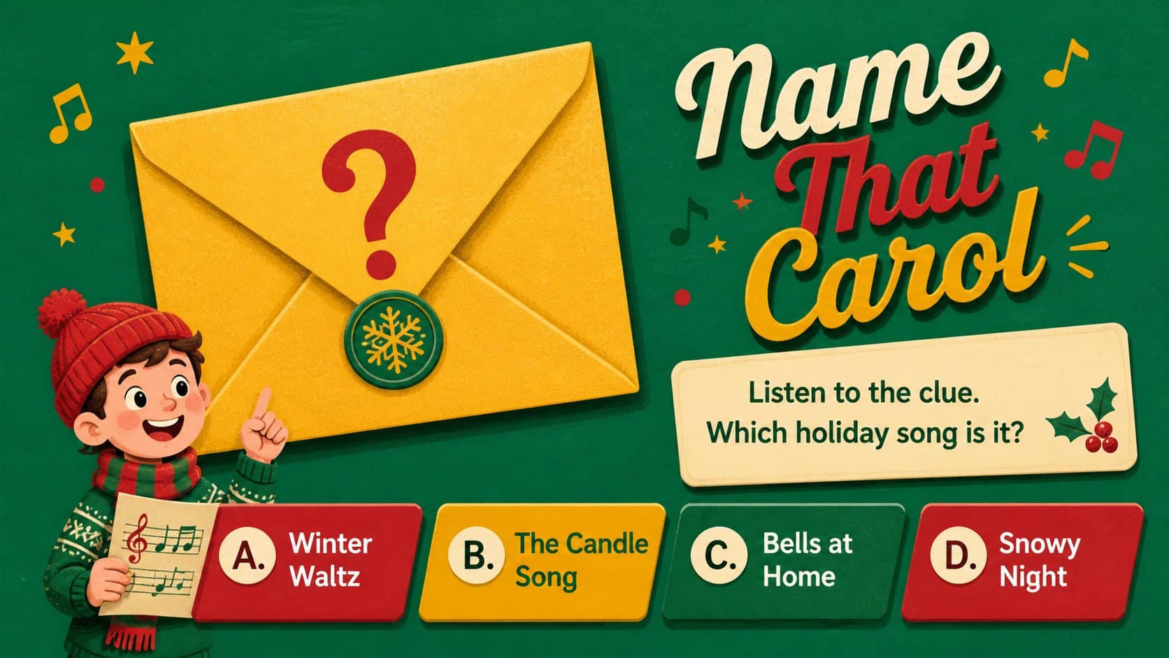 Interactive carol guessing game slide showing a mystery song prompt in a bright holiday design.