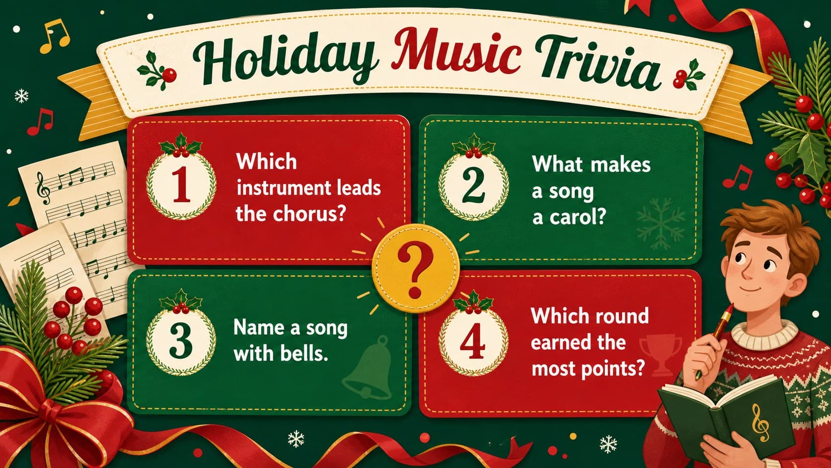 Christmas party trivia presentation slide with multiple music-themed question prompts.