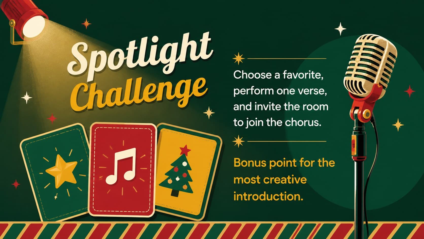 Holiday karaoke night agenda slide featuring a featured performance challenge and festive music graphics.