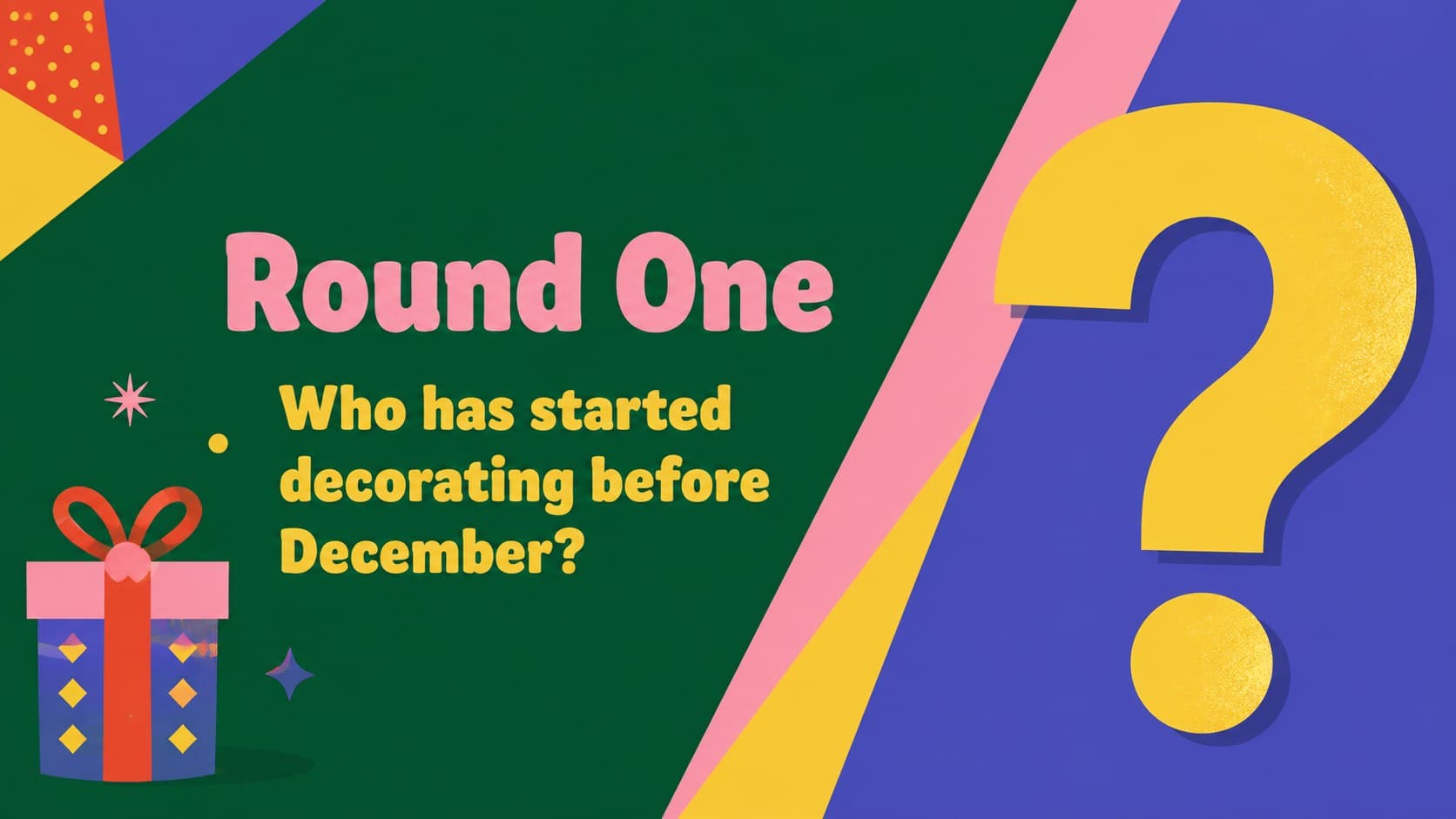 Opening prompt slide featuring a bold holiday confession question in a playful geometric layout.
