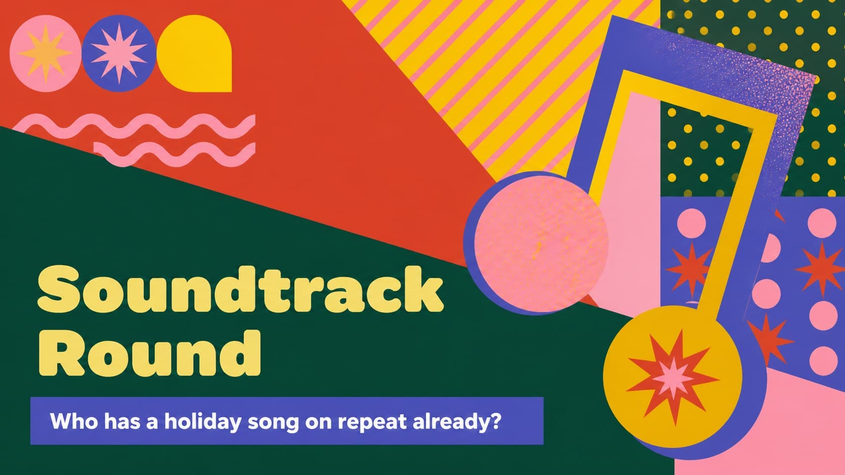 Colorful confession prompt slide about holiday music and festive activities.