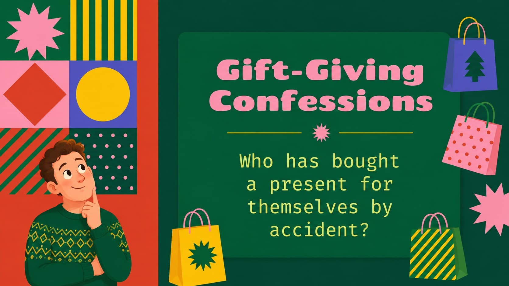 Holiday confession game slide inviting players to reveal a seasonal shopping habit.