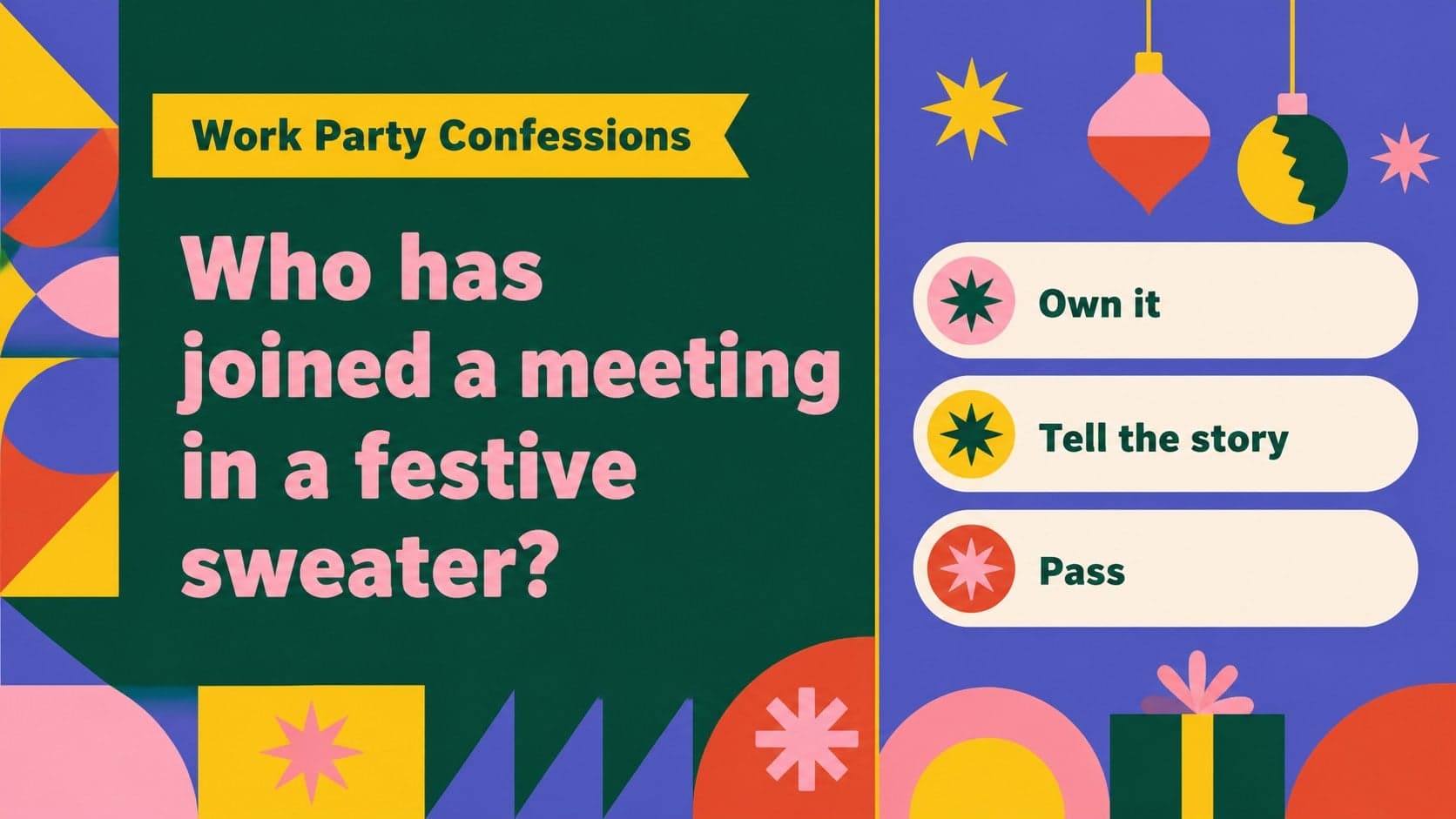 Office holiday party prompt slide focused on workplace celebration habits.
