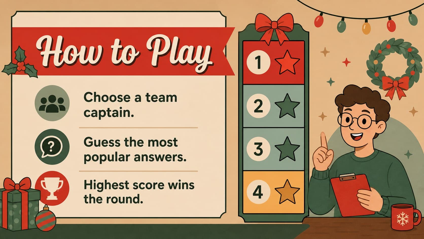 Holiday survey game rules slide explaining how teams answer questions and earn points.