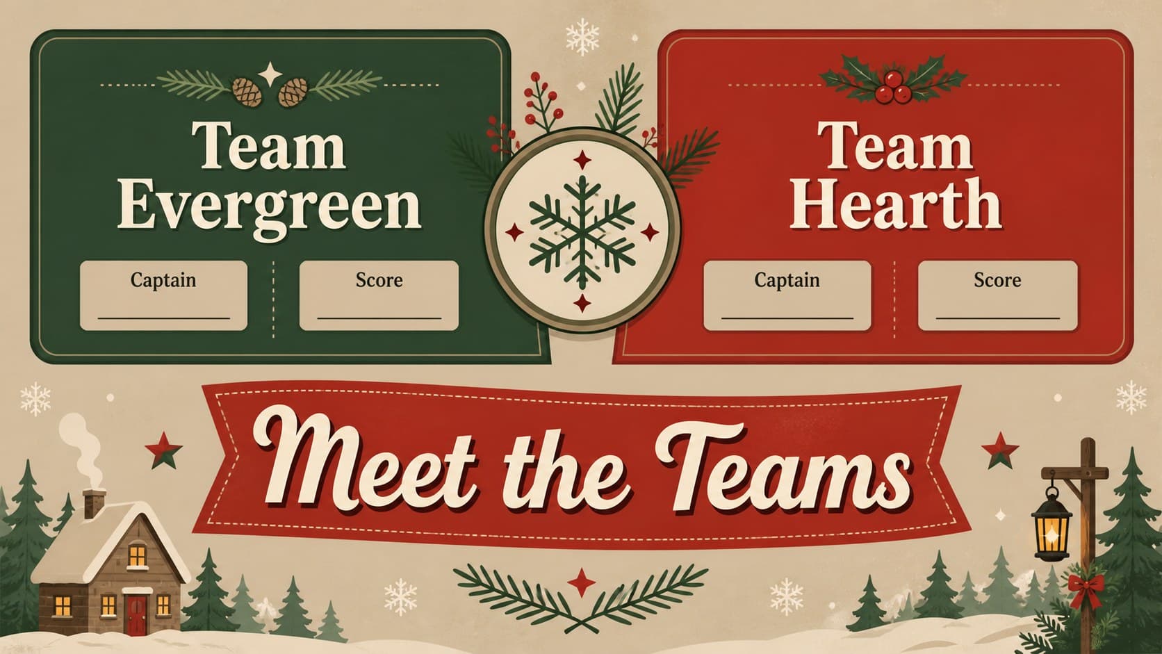 Festive team introduction slide for a Christmas party quiz with editable team name areas.