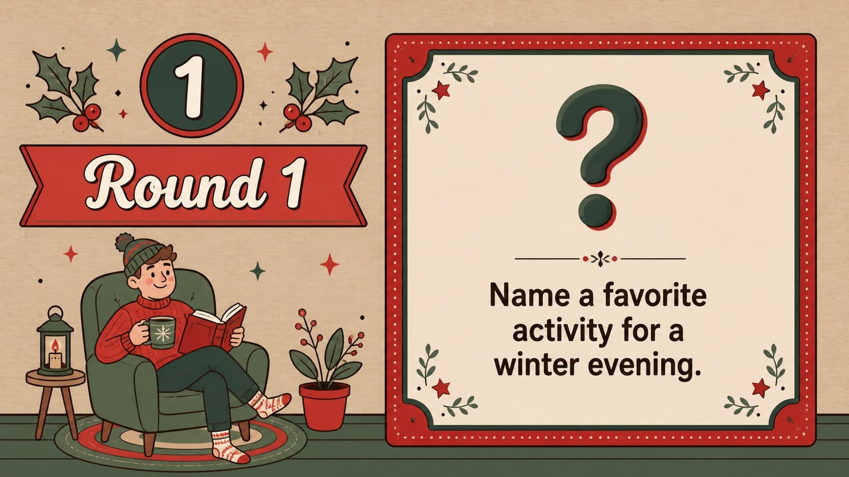 Opening question slide for an interactive winter party quiz with a large editable prompt.