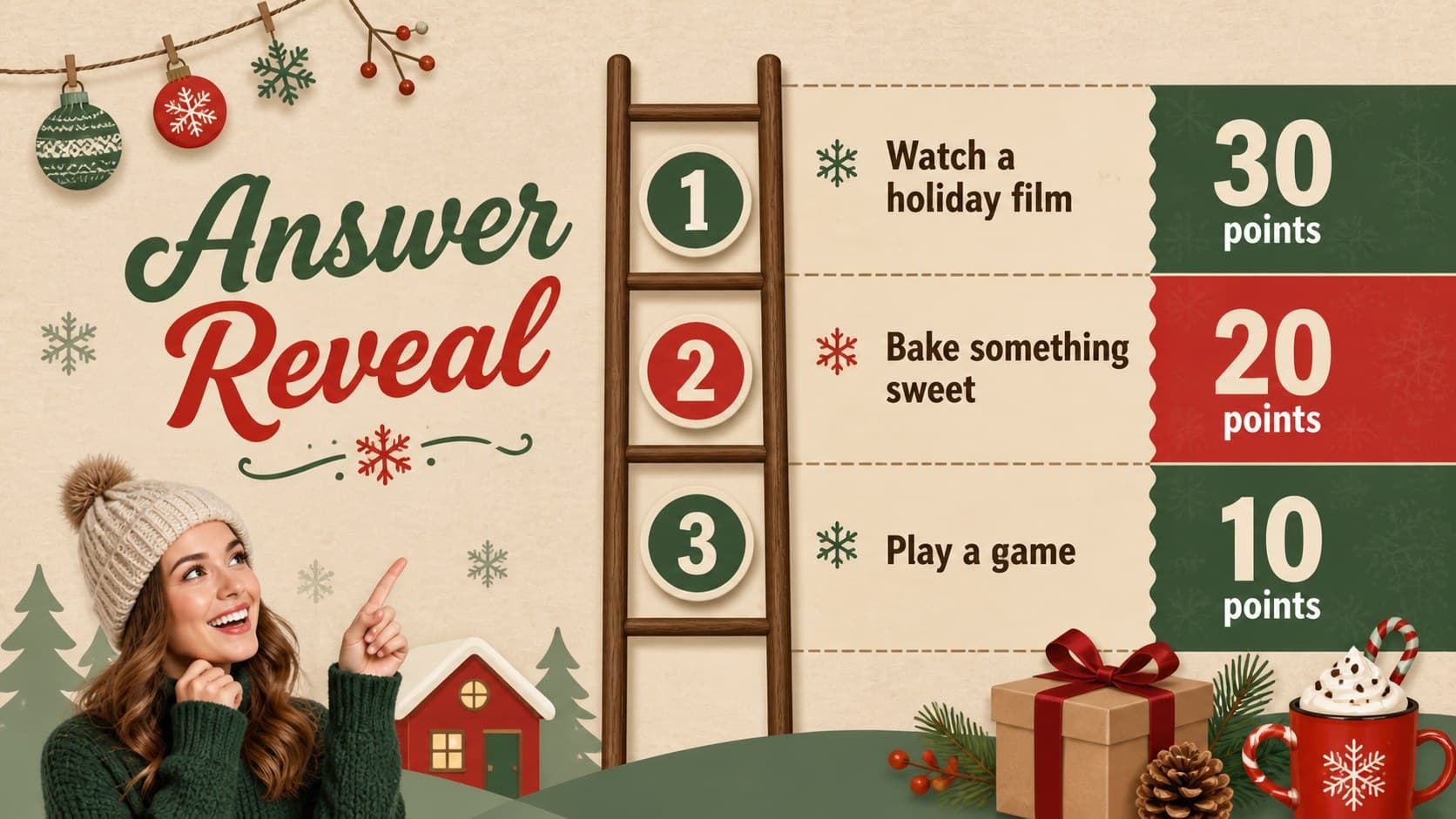 Answer reveal slide showing ranked holiday survey responses in a retro illustrated layout.