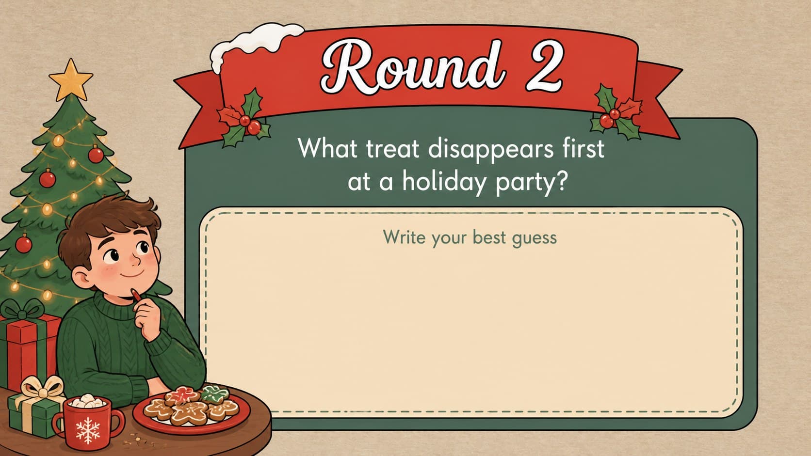 Holiday party quiz question slide featuring a bold prompt and editable response area.