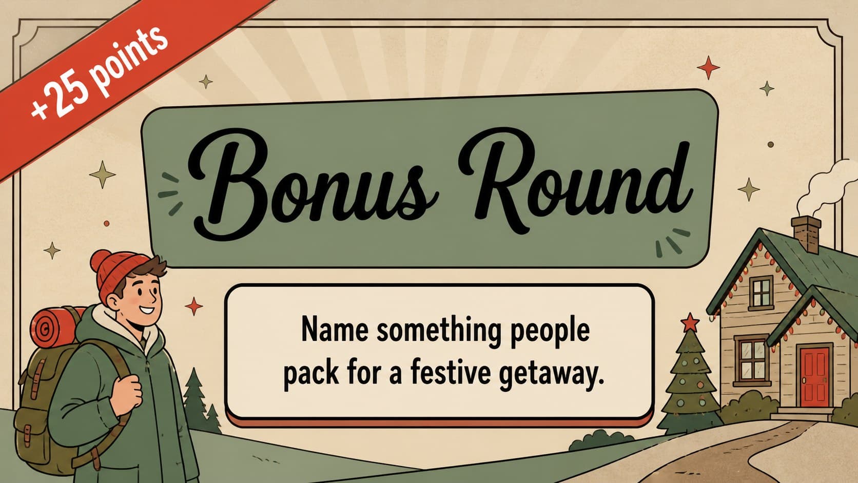 Christmas party quiz bonus round slide with a high-energy prompt and editable points label.