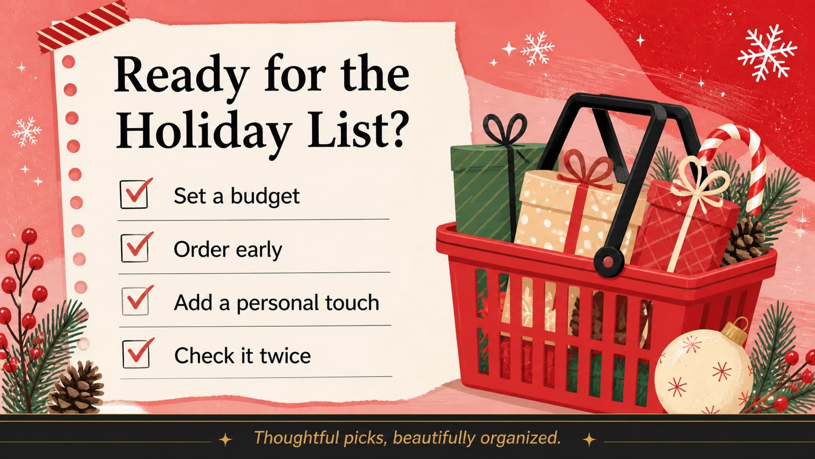 Holiday shopping checklist closing slide with colorful reminders for a Christmas gift list presentation.