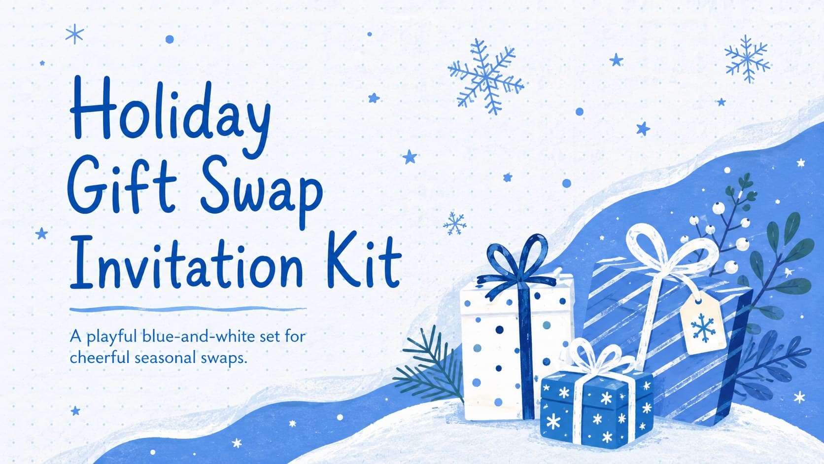 Blue-and-white Holiday Gift Swap Invitation Kit cover with playful winter presents and original festive characters.