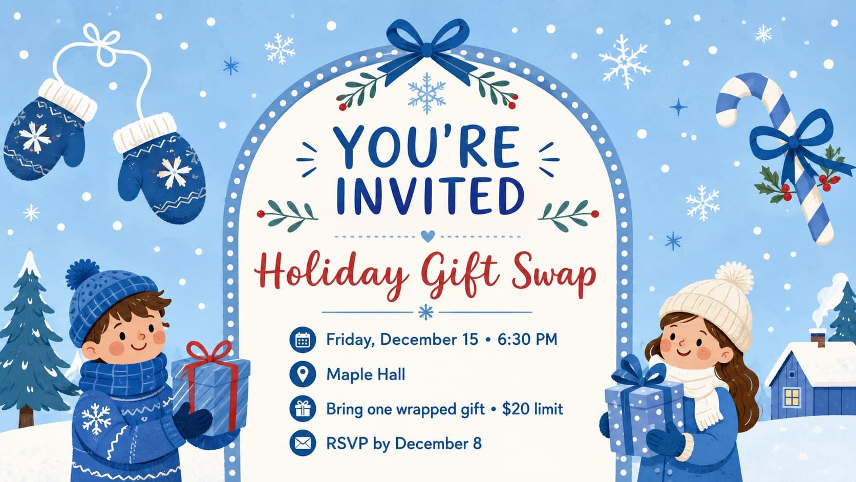 Editable holiday gift exchange invitation slide showing the party date, venue, gift limit, and RSVP deadline.