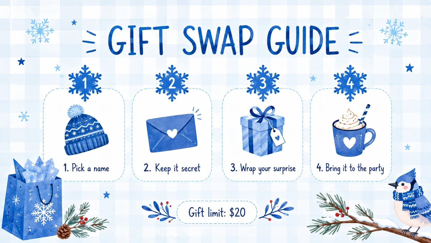 Cute blue Gift Swap Guide slide listing four simple Secret Santa exchange steps and a suggested spending limit.