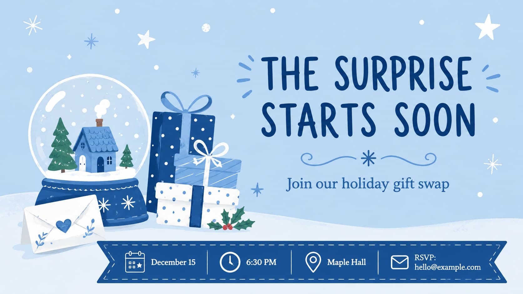 Blue winter party invitation reminder slide with gift swap date, location, and RSVP contact information.