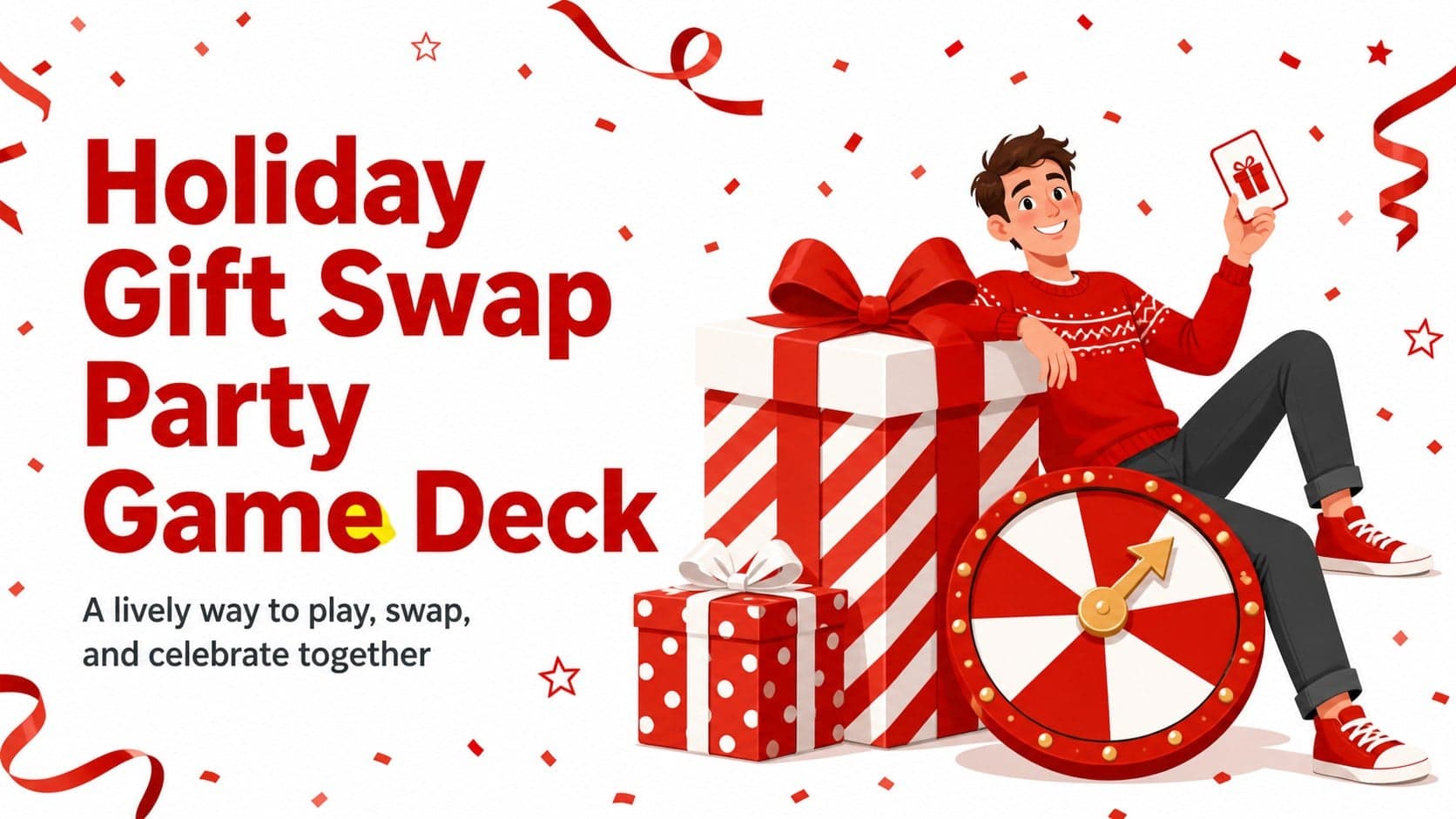 Cover slide for a holiday gift swap party game with a colorful red-and-white festive layout.