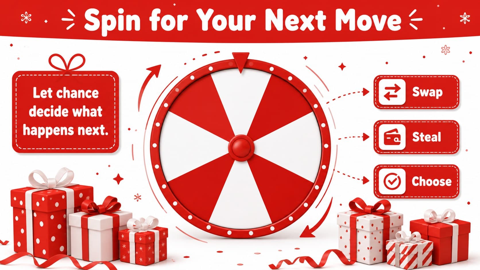 Interactive party game slide featuring a large spin prompt and illustrated presents for a holiday gift exchange.