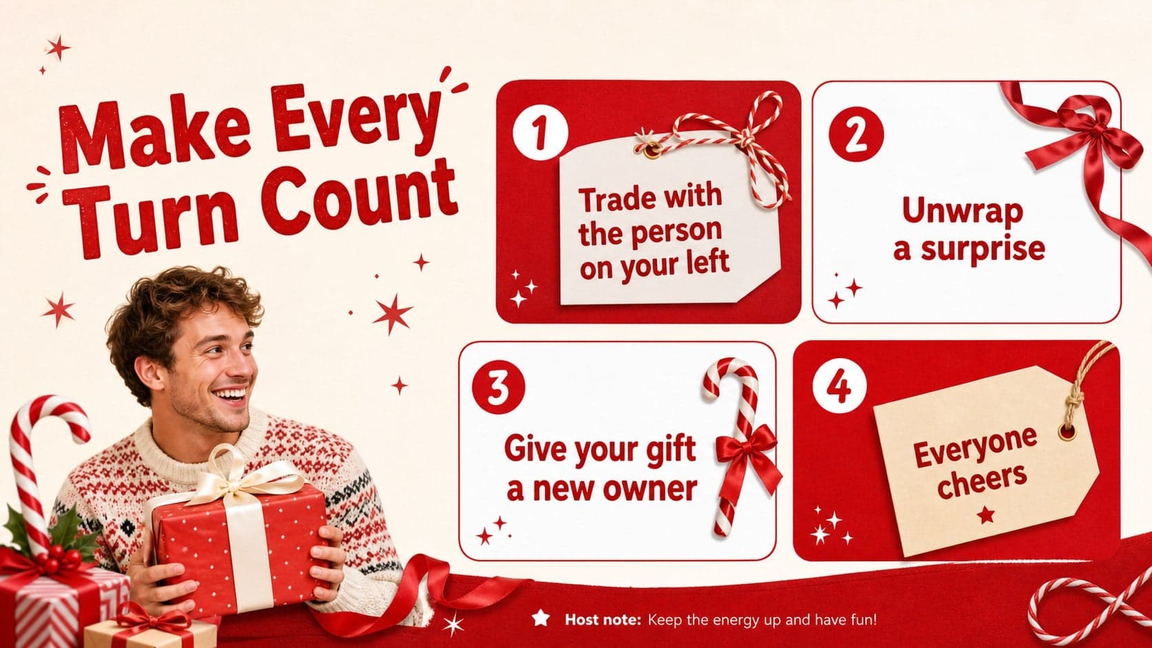 Christmas party activity slide presenting playful gift swap actions in an illustrated red-and-white grid.