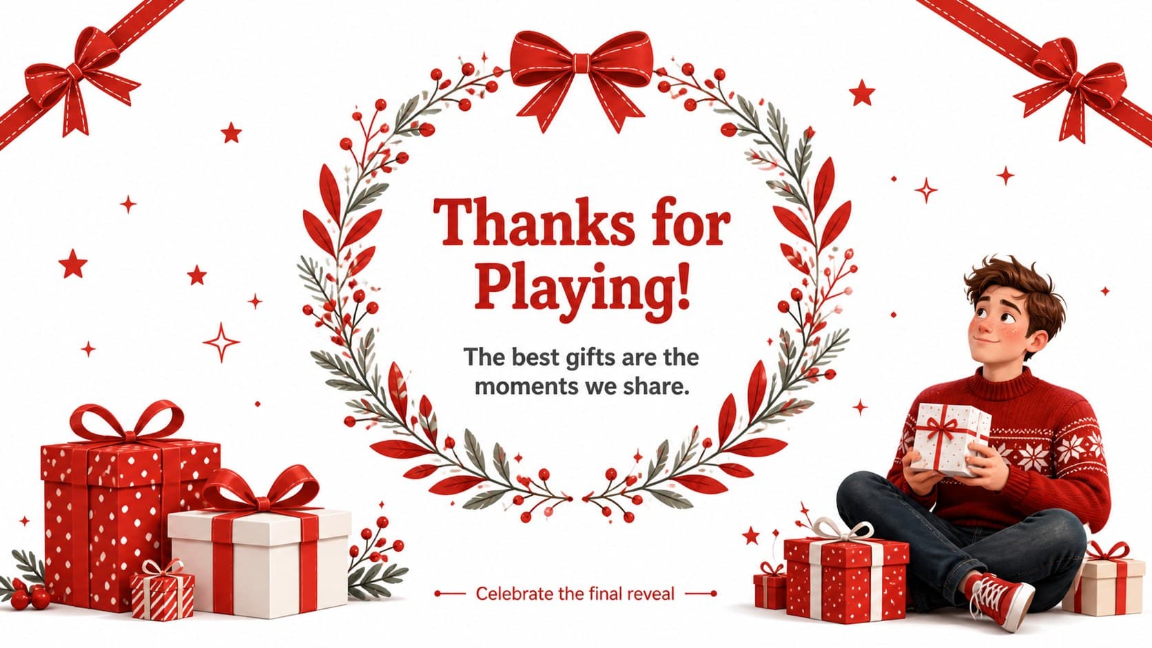 Closing holiday party slide thanking guests after a completed gift swap game in a cheerful red-and-white design.