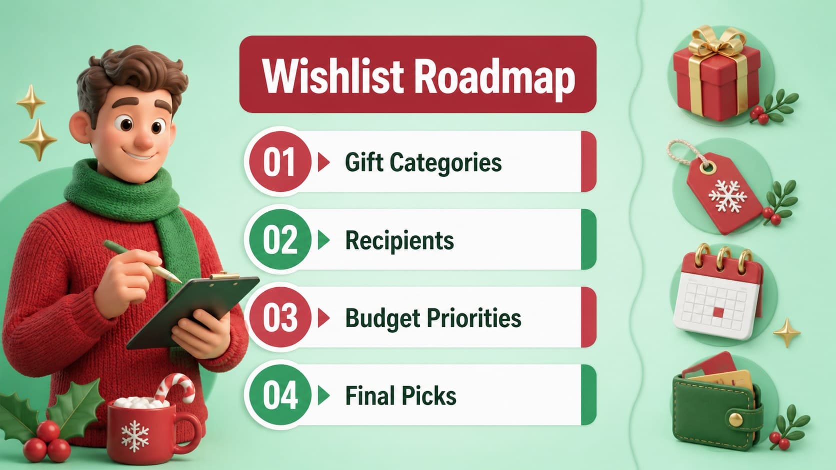 Agenda slide outlining gift categories, recipients, budgets, and shopping priorities for a holiday wishlist presentation.