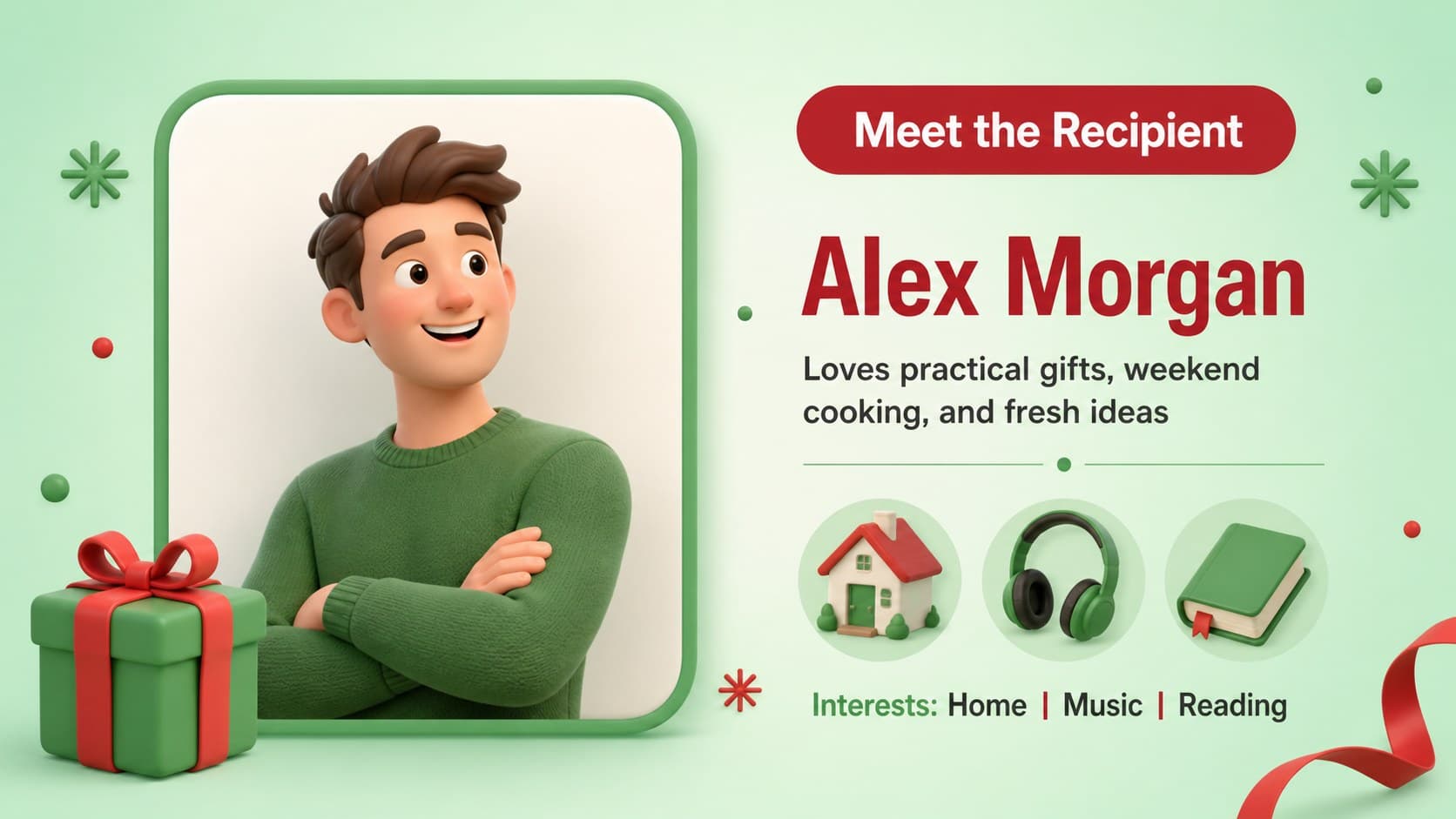 Holiday wishlist presentation slide showing a featured recipient profile with gift preferences and notes.