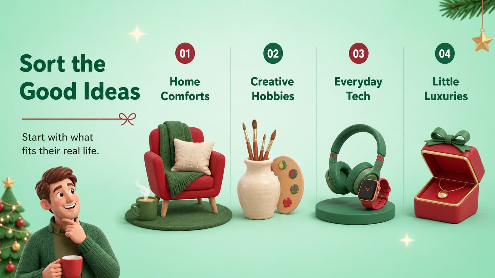 Editable gift category slide organizing ideas for home, hobbies, technology, and personal treats.