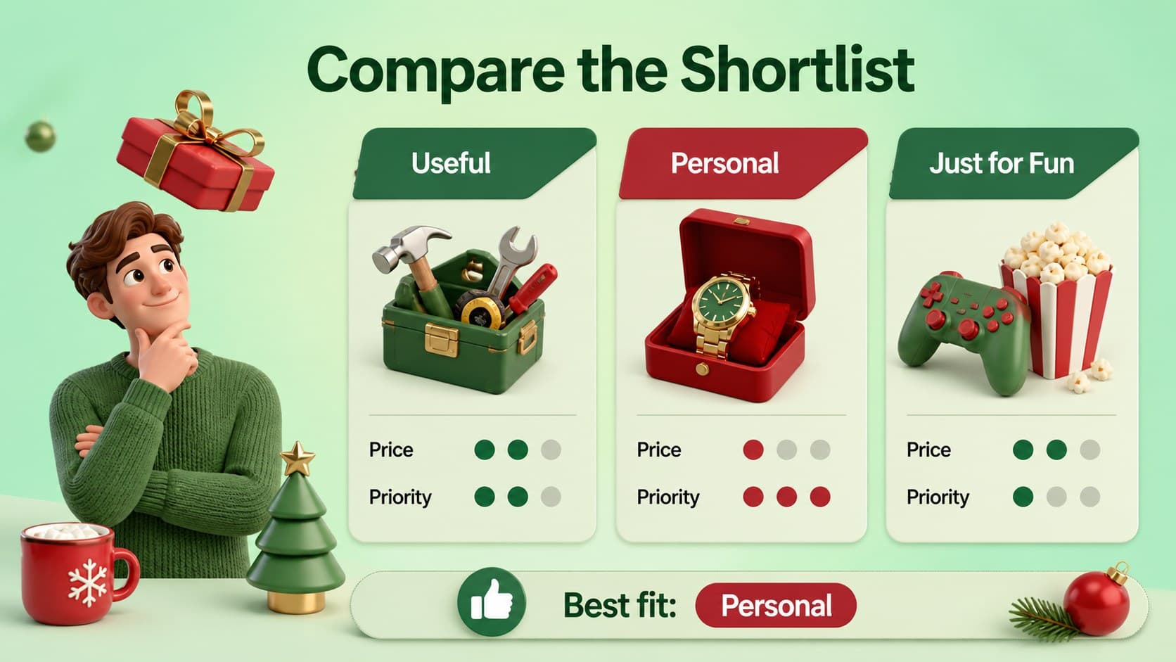 Gift comparison slide in a holiday wishlist presentation with three editable options and priority labels.