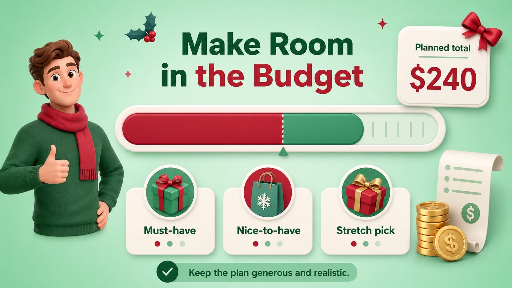 Budget planning slide for a Christmas gift list with editable spending bands and totals.