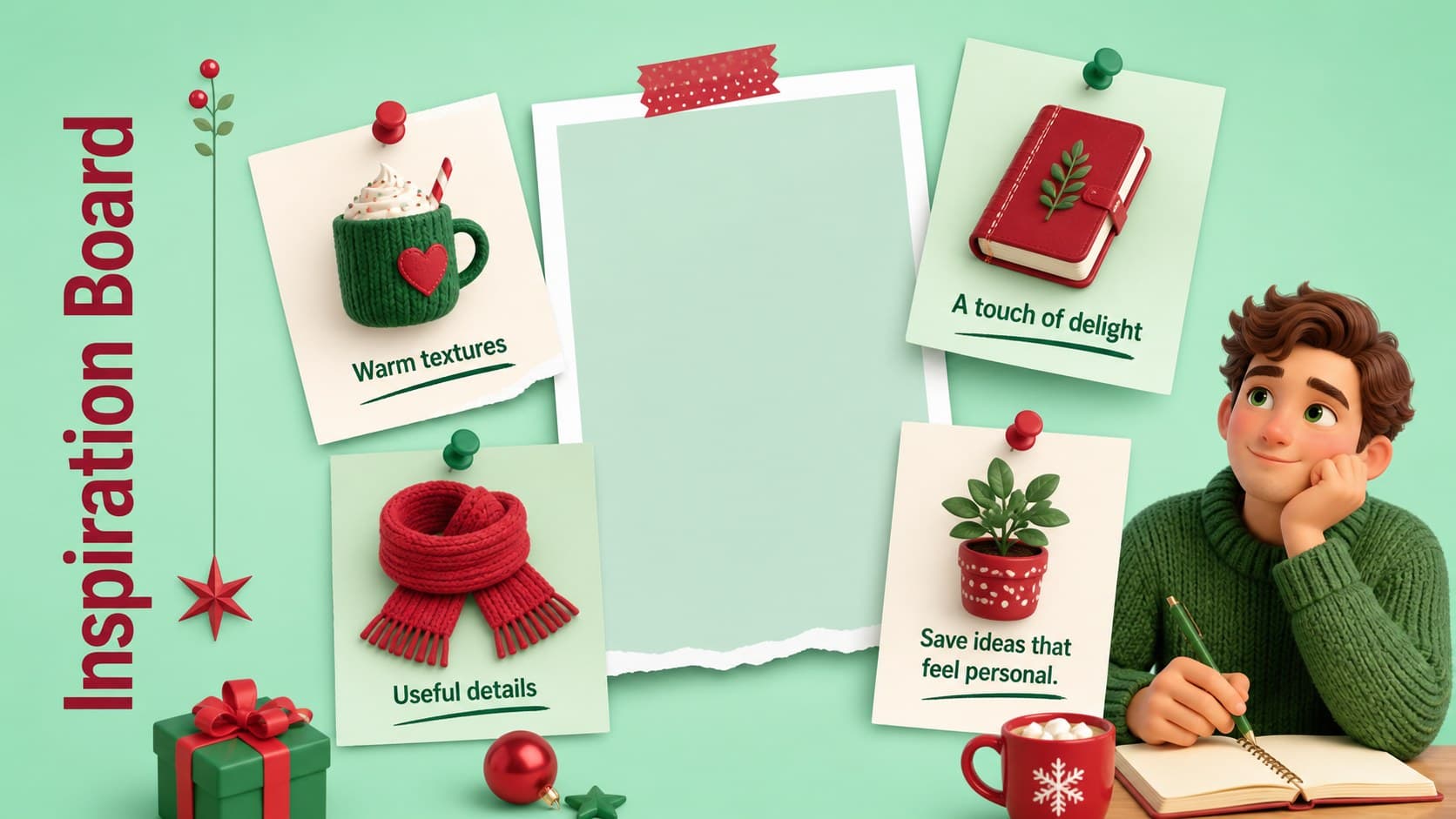 Gift inspiration board slide featuring editable product placeholders and festive green-red decorations.